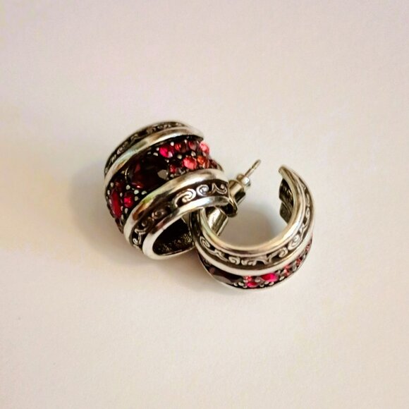 Wide Red Crystal Hoop Earrings Women's Silver Tone Scroll Post Jewelry - Picture 5 of 10